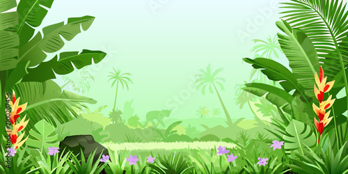 Cuadro en lienzo Tropical jungle landscape illustration vector artwork with lush vegetation and w