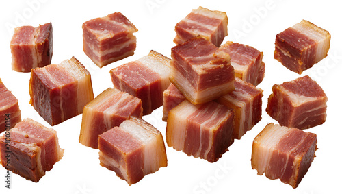 Fotografía Isolated delicious crispy fried bacon cubes and pieces for cooking breakfast mea