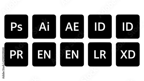Adobe Software Icons Displayed in a Grid of Ten Square Icons with a Black and White Color Scheme Featuring Design, Creative