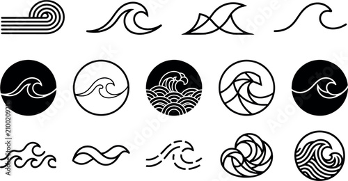 Bild auf Leinwand Collection of water wave icons and ocean tide symbols featuring diverse liquid s