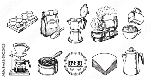 Canvas Print Vintage hand drawn coffee brewing icons, 10 black and white vector illustrations