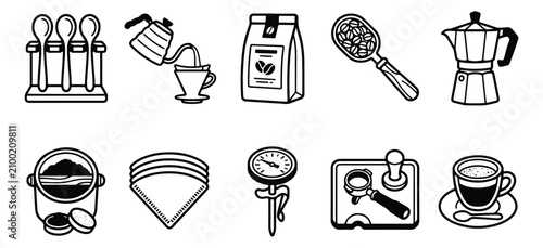 Cuadro en lienzo Minimalist coffee brewing icons set, black and white barista equipment vector il