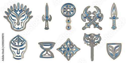 Tableau sur toile Set Of Fantasy Rpg Game Icons Metallic Blue And Silver