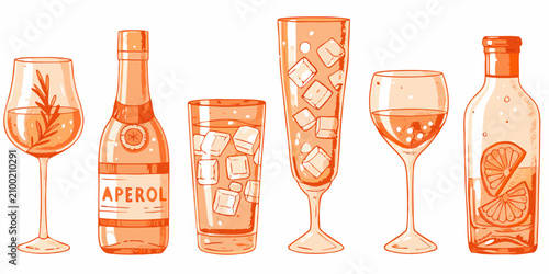 Foto Orange Cocktails And Aperol Bottles Hand drawn Vector Illustration