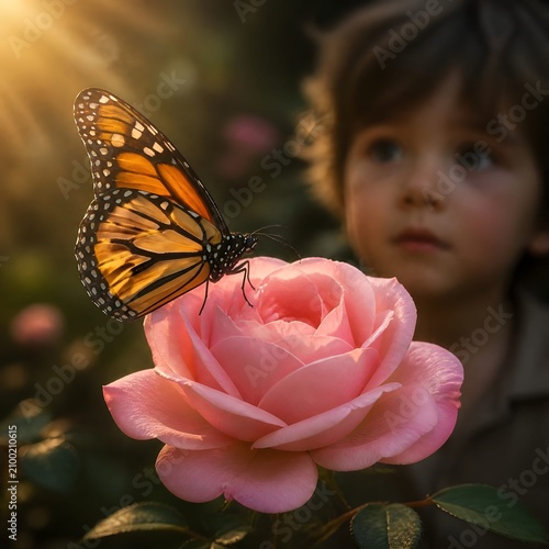 Meraviglia e stupore: bambino che ammira una farfalla posata su di una rosa