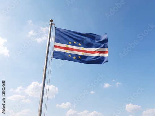 Cape Verde Flag Fluttering in the Wind with Natural Sky Background