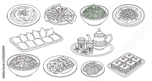 Obraz na płótnie Middle Eastern food line art collection, traditional Arabic cuisine vector set,