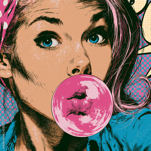 a woman blowing a bubble out of a gum, comic book art
