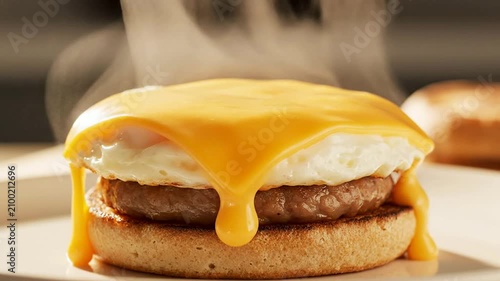 Mouthwatering Breakfast Sandwich With Egg, Sausage, And Melty Cheese On A Toasted English Muffin Steaming In A Delicious Breakfast Scene