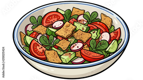 Middle eastern fattoush salad bowl with crispy pita chips vector illustration