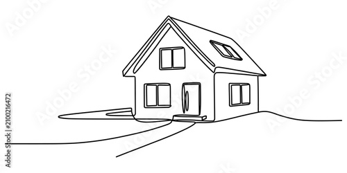 Continuous single line drawing of a simple house with windows and a roof