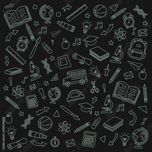 Hand drawn of school elements. Doodle of back to school sketch. Green school supplies and elements are drawn on a black background.
