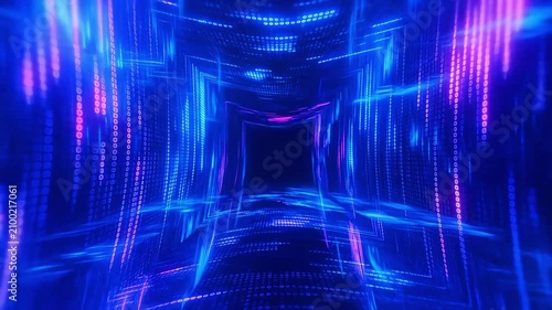 Abstract futuristic digital tunnel with glowing blue and purple neon light lines representing cyberspace and data transmission.