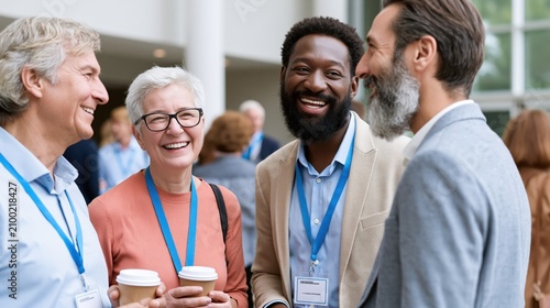 Diverse professionals in conversation at a conference, enjoying coffee and networking