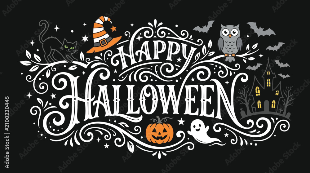 Fototapeta premium Happy halloween day spooky vintage illustration with ghosts cats and pumpkins