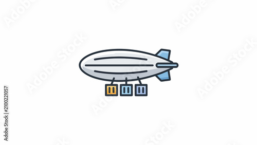 A simple line drawing of a blimp airship with colorful luggage.