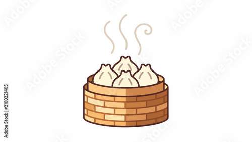 Steaming basket of dumplings on plate.