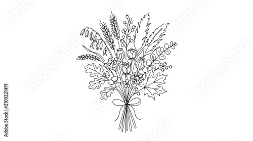 Obraz na płótnie Hand drawn autumn flower bouquet vector, rustic fall floral arrangement with whe
