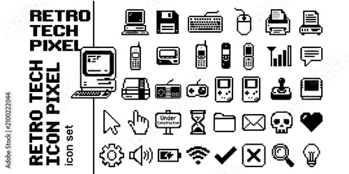 Foto Retro Technology Icon Pixel Art Black White-Computer Sprite Phone Console-Vintag