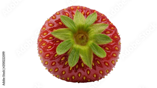 Obraz na plátně Isolated vibrant red ripe strawberry with green calyx and visible seeds, fresh o