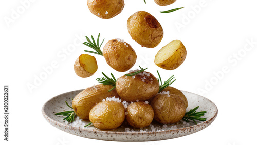 Isolated delicious roasted potatoes falling onto a rustic plate with fresh rosemary and sea salt