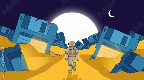 Quadro su tela Astronaut on a desolate planet with giant obsolete floppy disks under a night sk