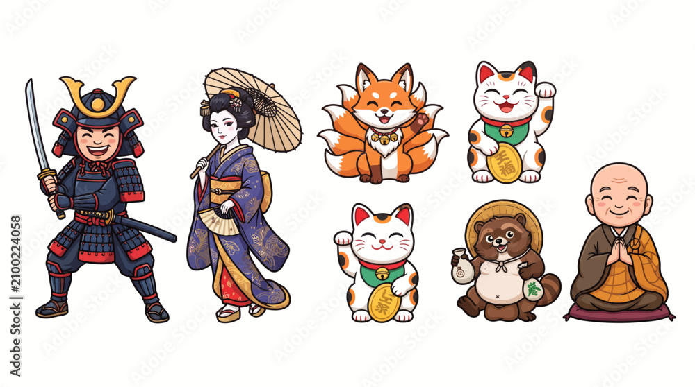 Naklejka premium Japanese Folklore and Culture Cute Cartoon Character Mascot Vector Set