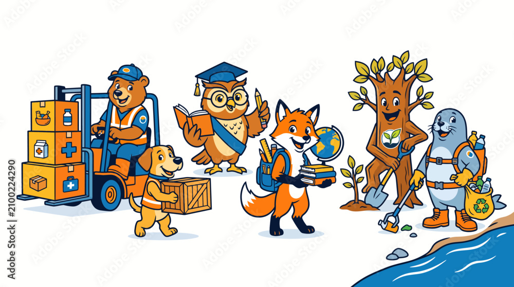 Fototapeta premium Cute cartoon animal mascots working and studying vector illustration