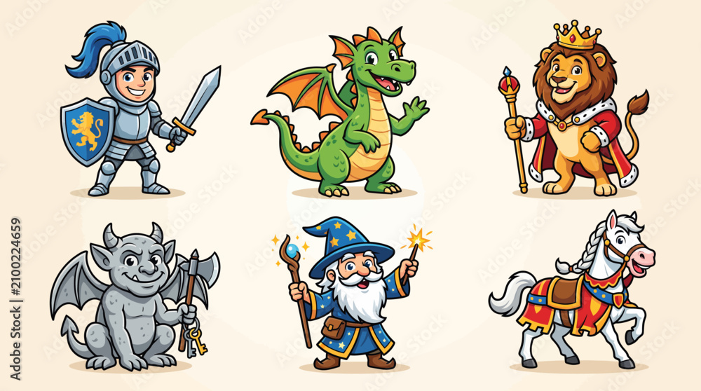 Fototapeta premium Enchanting Cartoon Fantasy Characters Set Knights, Dragons, Wizards, and Beasts