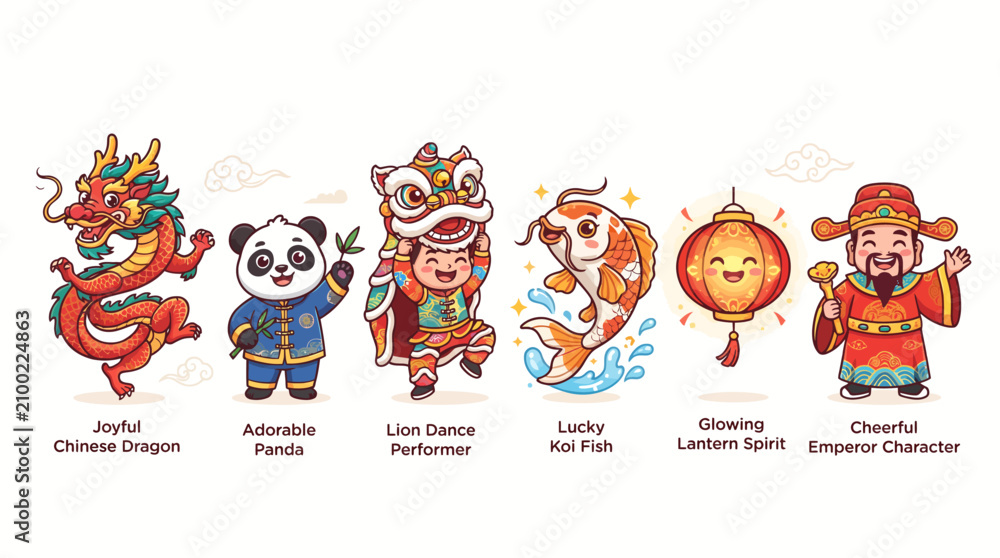Fototapeta premium Festive Chinese New Year Celebration Elements With Cute Traditional Characters