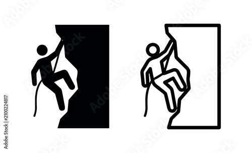 Картината върху платно Rock climber with rope silhouette and outline icons scaling rock cliff