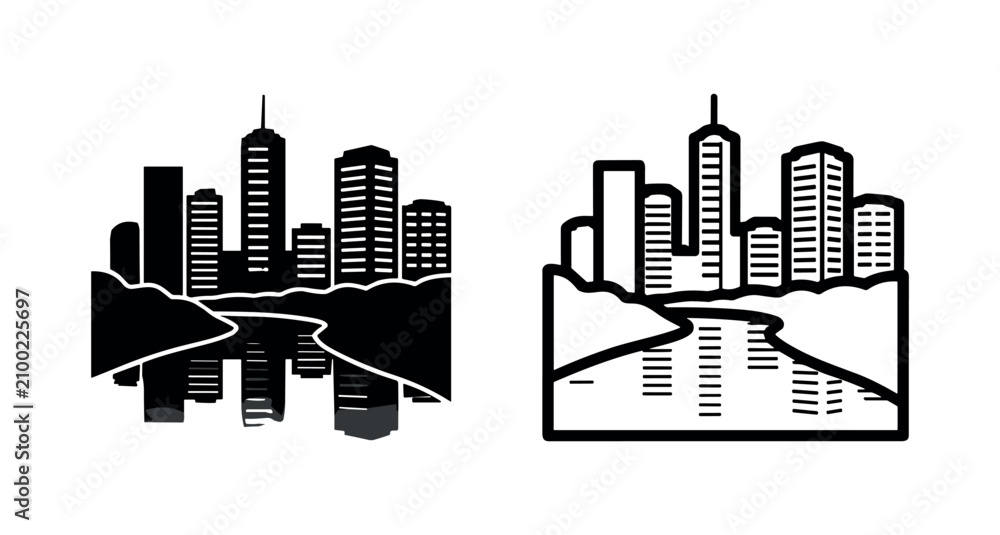 Obraz premium Modern Cityscape with Skyscrapers and River Reflection Vector Icon
