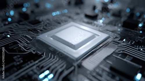 Modern microchip and circuit board with abstract blue light