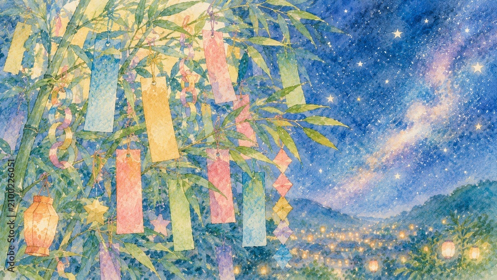 Fototapeta premium 天の川が輝く夜空の下で短冊と提灯が飾られた美しい七夕飾り