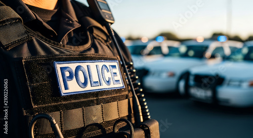 Police officer in tactical uniform standing on patrol for public security near parked cruisers