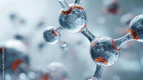 Transparent molecular structure with red elements on light background