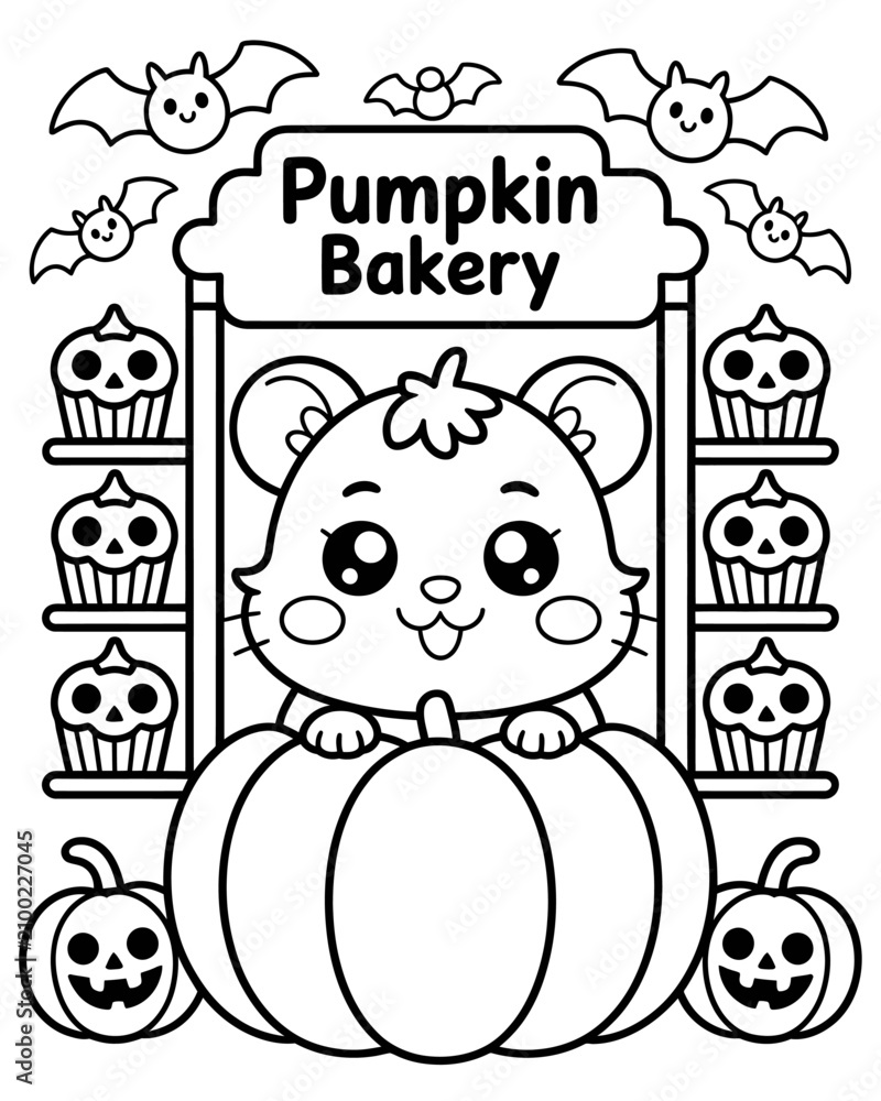 Fototapeta premium Cute Halloween Kitten at Pumpkin Bakery Coloring Page for Kids, Black and White Line Art, Printable Spooky Bakery Activity