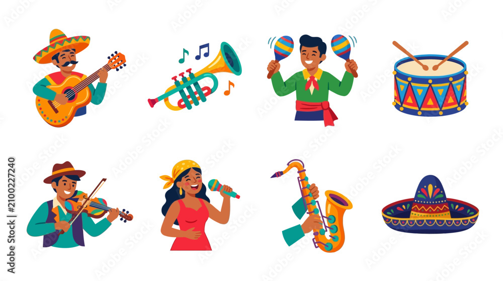 Fototapeta premium Vibrant Vector Set of Traditional Mexican Music Instruments and Performers in a Festive Environment