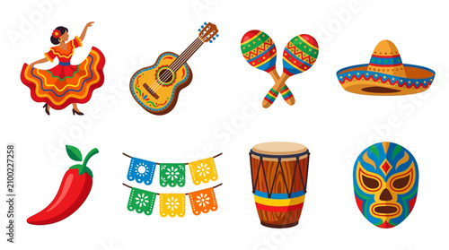 Vibrant Vector Set of Traditional Mexican Fiesta Elements Including Dancer, Guitar, Maracas, Sombrero, Chili, Paper Banner, Drum, and Mask on White Background
