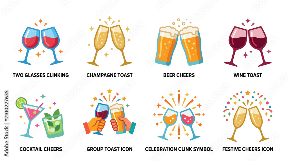 Fototapeta premium Vector Set of Various Cheers and Toasts with Glasses of Drinks in a Festive Celebration Environment