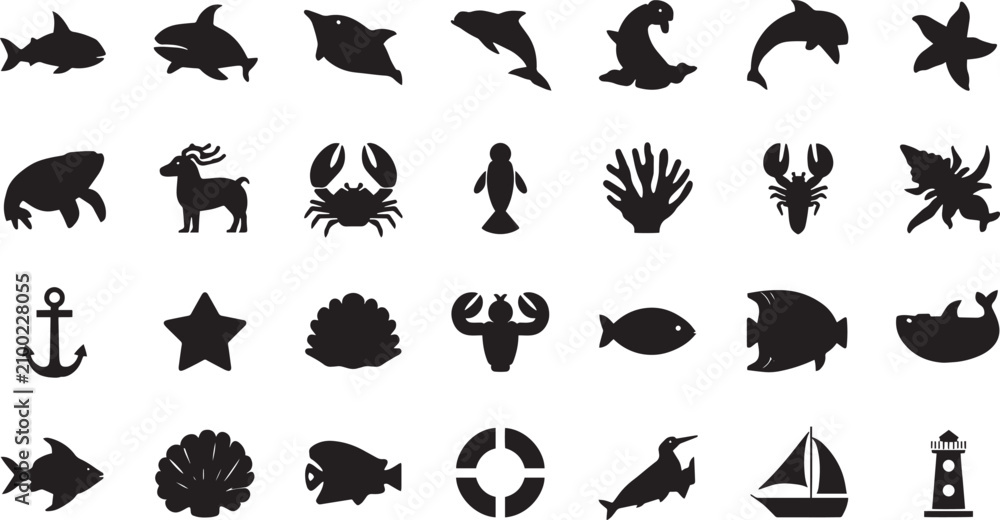 Fototapeta premium Ocean Wildlife and Nautical Sea Animals Silhouette Icons Set Black Solid Flat Icons Collection Marine Life Shark Dolphin Whale Crab Lobster Anchor Sailboat and Lighthouse Vector Design