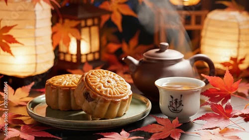 Traditional Autumn Setting With Mooncakes, Teapot, And Tea Surrounded By Colorful Fall Leaves And Lanterns Evoking Warmth And Family Celebration