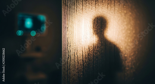 Protecting medical privacy and confidentiality under hipaa regulations with a patient silhouette visible through frosted glass in a dark hospital