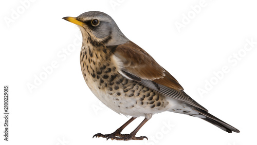 Fotografie Isolated Fieldfare bird with detailed plumage standing in profile, a common Euro