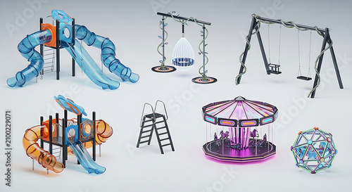 Futuristic playground clipart set featuring a translucent blue slide modern swing and a neon carousel on a white background