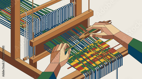 A skilled artisan creates a colorful textile pattern by skillfully operating a wooden loom machine with rhythmic hand movements to produce a unique piece of fabric within a traditional home