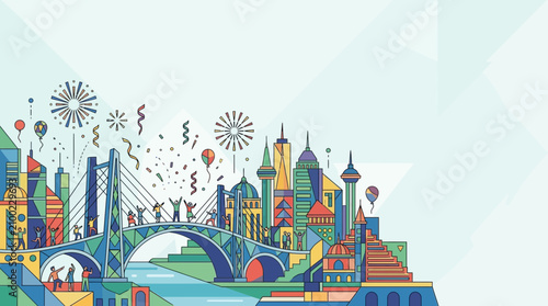 People celebrate a joyous festival with colorful fireworks above a vibrant metropolis bridge where happy citizens gather to mark an urban public holiday event within this bustling city landscape