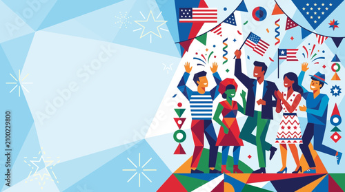 A diverse group of cheerful people celebrates with national flags and colorful streamers during an energetic gathering meant for commemorating significant patriotic holidays within a dynamic