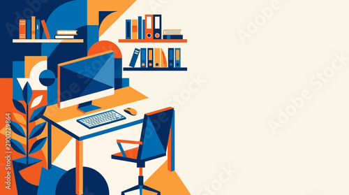 A vibrant digital workspace featuring an ergonomic chair and computer desk with bookshelves displays a creative professional environment perfect for remote working tasks in a modern corporate