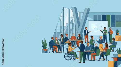 A diverse group of professionals collaborates on creative business projects within a bustling corporate office environment while engaging in productive team discussions and strategic planning